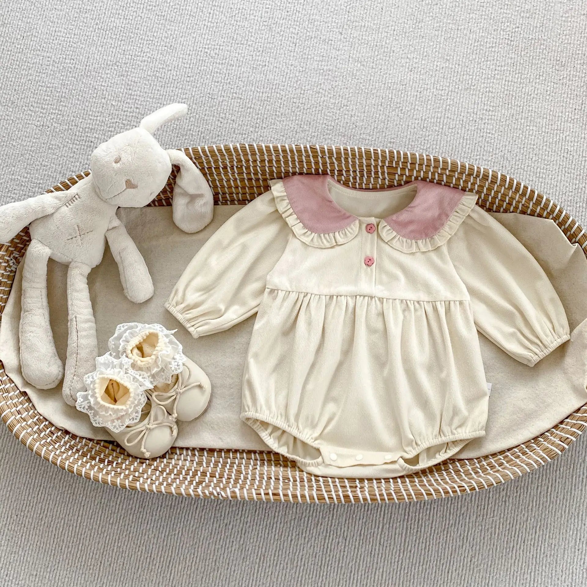 -ベビーロンパース うさ耳カラーフリル長袖ボディスーツ - mamahalo shop - 長袖ロンパース -  べビー服 - 子供服 - 男の子 - 女の子