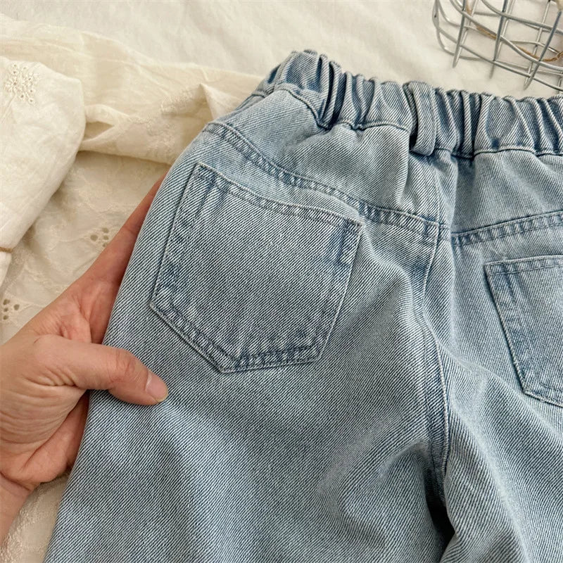 -キッズパンツ デニムパンツ 切り替えフリンジ ルーズワイドパンツ ジーンズ ジーパン - mamahalo shop - デニムパンツ -  べビー服 - 子供服 - 男の子 - 女の子