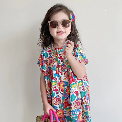 -キッズジャンプスーツ 半袖シャツつなぎ フラワー花柄プリント【mh0005838】 - mamahalo shop - 半袖ジャンプスーツ -  べビー服 - 子供服 - 男の子 - 女の子