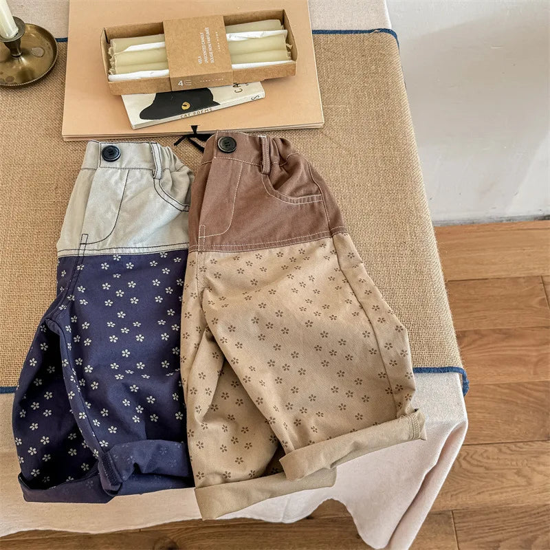 -キッズパンツ 切り替えパッチワーク ルーズワイドロングパンツ フラワー花柄プリント 2カラー - mamahalo shop - ロングパンツ・スウェットパンツ -  べビー服 - 子供服 - 男の子 - 女の子