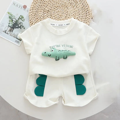 -キッズセットアップ 2点セット 半袖Tシャツ+ショートパンツ 恐竜ワニ 2カラー【mh0005487】 - mamahalo shop - 半袖セットアップ -  べビー服 - 子供服 - 男の子 - 女の子