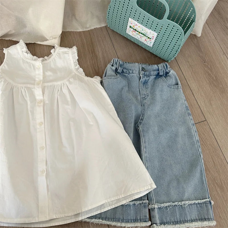 -キッズパンツ デニムパンツ ジーンズ ワイドルーズパンツ 切り替え フリンジ ジーパン - mamahalo shop - デニムパンツ -  べビー服 - 子供服 - 男の子 - 女の子