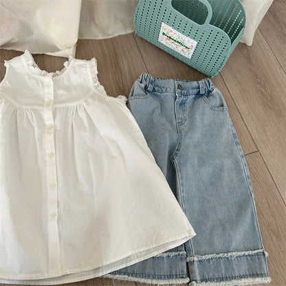 -キッズパンツ デニムパンツ ジーンズ ワイドルーズパンツ 切り替え フリンジ ジーパン - mamahalo shop - デニムパンツ -  べビー服 - 子供服 - 男の子 - 女の子