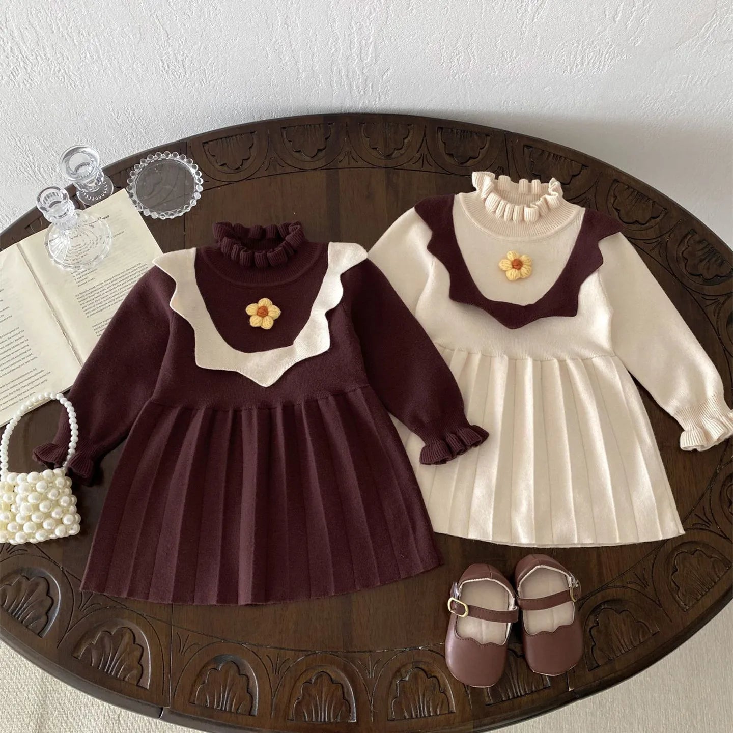 -ベビーキッズワンピース ニットフラワー長袖ワンピース 2カラー - mamahalo shop - 長袖ワンピース -  べビー服 - 子供服 - 男の子 - 女の子