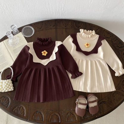 -ベビーキッズワンピース ニットフラワー長袖ワンピース 2カラー - mamahalo shop - 長袖ワンピース -  べビー服 - 子供服 - 男の子 - 女の子