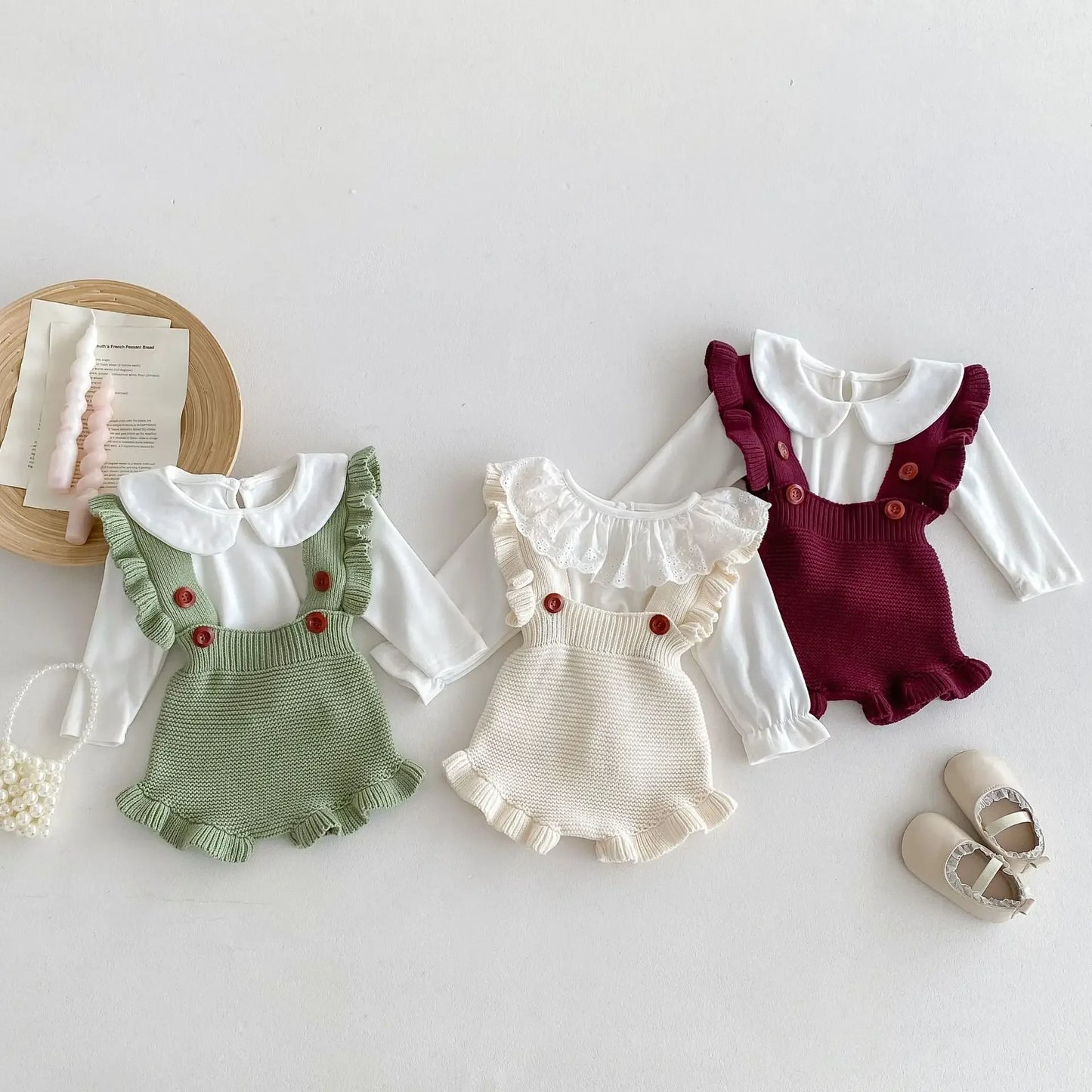 -ベビーパンツ フリルサスペンダーショルダーニットサロペットパンツ 3カラー - mamahalo shop - サロペットパンツ・サスペンダーパンツ -  べビー服 - 子供服 - 男の子 - 女の子