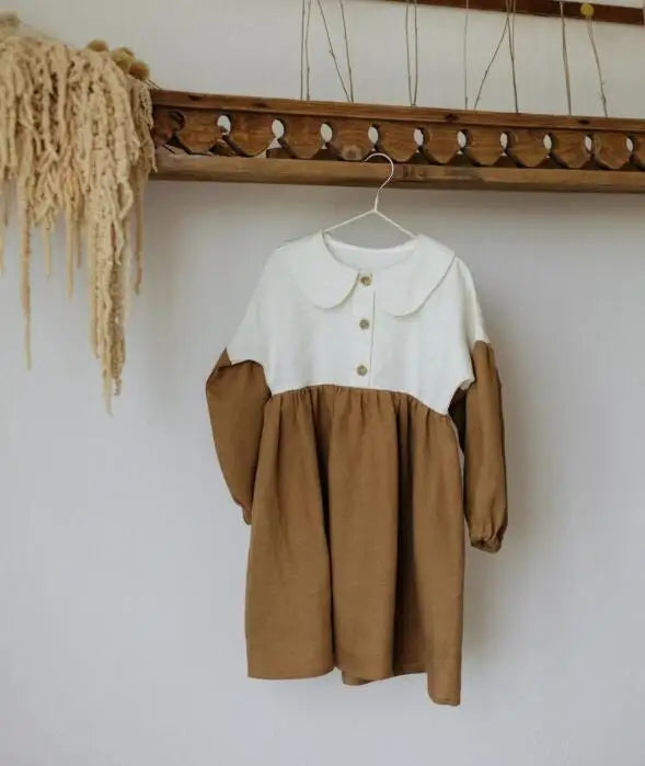 -キッズワンピース 長袖切り替えワンピース 丸襟 ブラウン/グリーン/2カラー - mamahalo shop - 長袖ワンピース -  べビー服 - 子供服 - 男の子 - 女の子