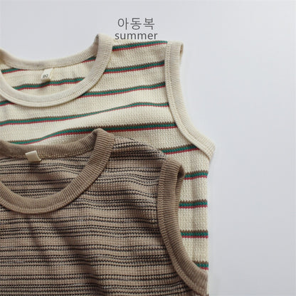 -キッズ ボーダー タンクトップ ノースリーブ Tシャツ ベージュ コーヒーブラウン ユニセックス【mh0001983】 - mamahalo shop - タンクトップ・キャミソール・ノースリーブトップス -  べビー服 - 子供服 - 男の子 - 女の子