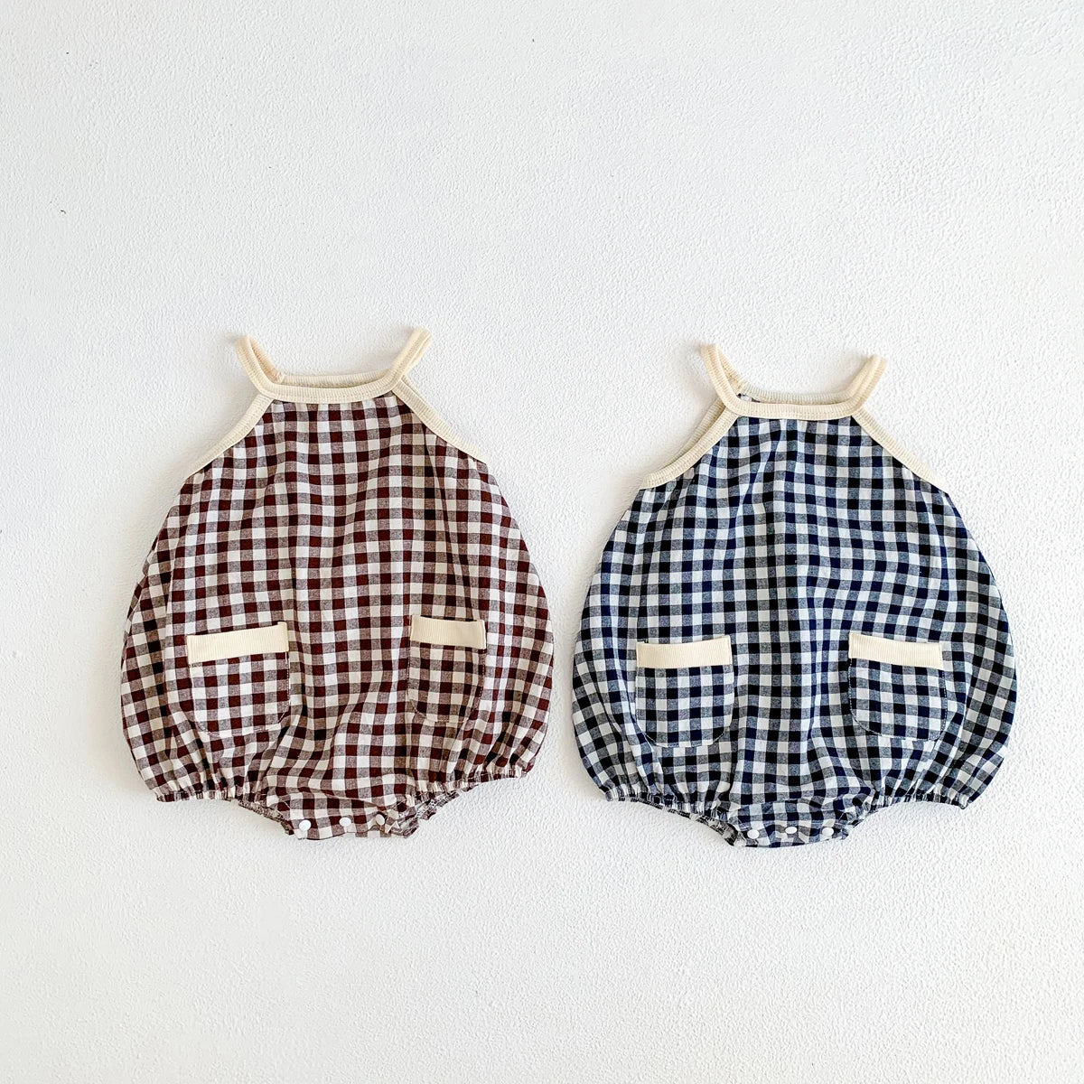 -☺︎ ベビーロンパース キャミソールポケットボディースーツ チェック 2カラー - mamahalo shop - ノースリーブロンパース -  べビー服 - 子供服 - 男の子 - 女の子
