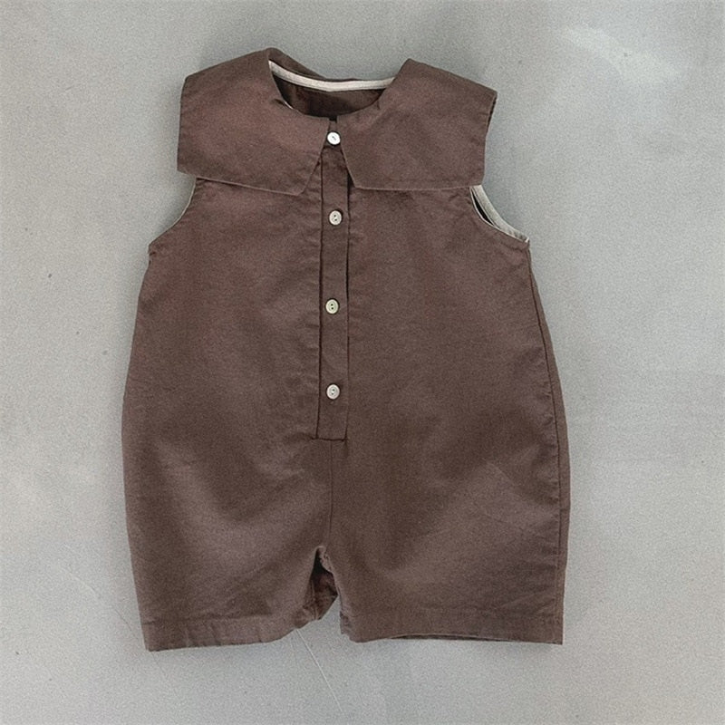 -ベビー キッズ ラペル襟 ビッグカラー ノースリーブ ジャンプスーツ コーヒー アプリコット ユニセックス 6740 - mamahalo shop - ノースリーブジャンプスーツ -  べビー服 - 子供服 - 男の子 - 女の子