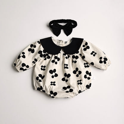-ベビー服 ロンパース レトロ フラワー 長袖 リボンヘアバンド セット モノトーン 女の子 - mamahalo shop - 長袖ロンパース -  べビー服 - 子供服 - 男の子 - 女の子
