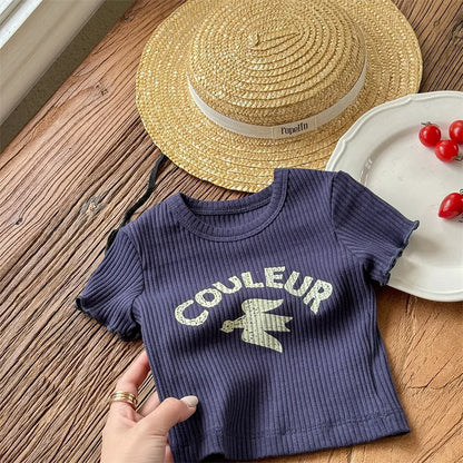 -キッズトップス 半袖リブTシャツ レターロゴプリント 3カラー - mamahalo shop - 半袖Tシャツ -  べビー服 - 子供服 - 男の子 - 女の子