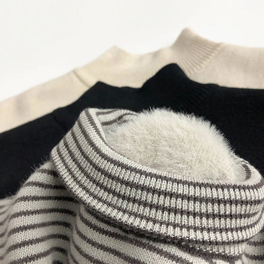 -キッズトップス ハイネックニット長袖セーター ボトルネックプルオーバー 無地 ボーダー 3カラー - mamahalo shop - ニット・セーター -  べビー服 - 子供服 - 男の子 - 女の子