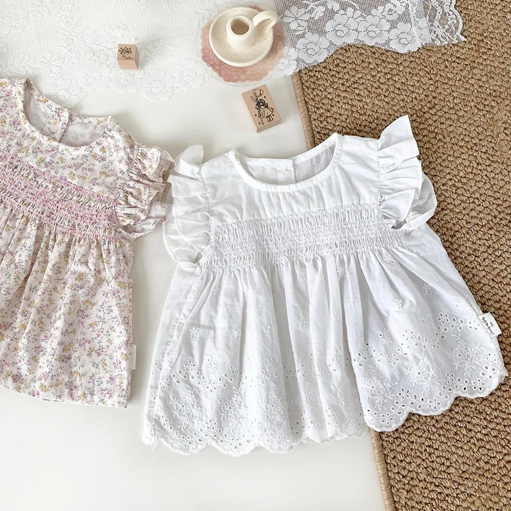 -ベビーキッズトップス フリルスリーブチュニックブラウス 無地/フラワー花柄プリント - mamahalo shop - 半袖シャツ・ブラウス -  べビー服 - 子供服 - 男の子 - 女の子