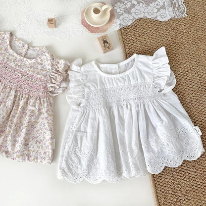 -ベビーキッズトップス フリルスリーブチュニックブラウス 無地/フラワー花柄プリント - mamahalo shop - 半袖シャツ・ブラウス -  べビー服 - 子供服 - 男の子 - 女の子