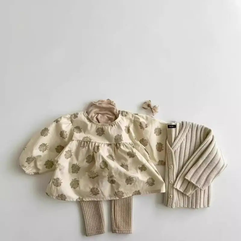 -ベビーセットアップ 2点セット ローズフラワープリント長袖チュニックブラウス+リボン付きブルマパンツ アプリコット【mh0006716】 - mamahalo shop - 長袖セットアップ -  べビー服 - 子供服 - 男の子 - 女の子