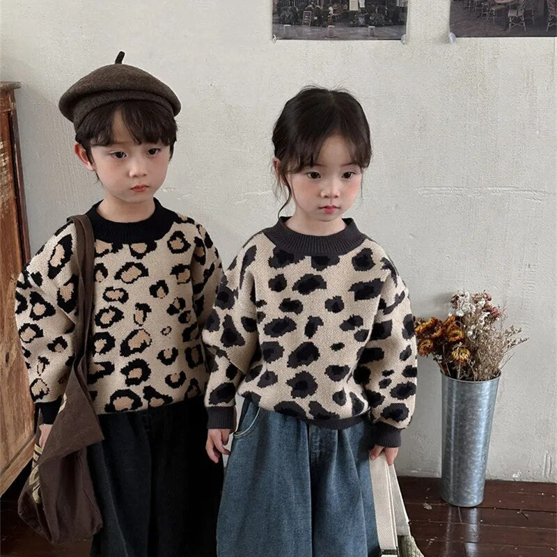 -キッズセーター レオパード柄 ヒョウ柄 ニット プルオーバートップス ブラック ベージュ 2カラー ユニセックス 男の子 女の子 子供服 - mamahalo shop - ニット・セーター -  べビー服 - 子供服 - 男の子 - 女の子