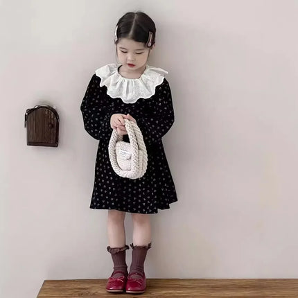 キッズワンピース ラッフル襟フラワープリントレトロ長袖ワンピース - mamahalo shop - 長袖ワンピース -  べビー服 - 子供服 - 男の子 - 女の子