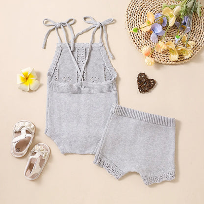 -ベビーセットアップ 2点セット レースニットキャミソールロンパース+ニットショートパンツ 4カラー - mamahalo shop - ロンパースセットアップ -  べビー服 - 子供服 - 男の子 - 女の子
