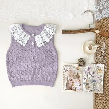 -ベビーキッズトップス レースニット ノースリーブ レース襟 カットソー 2カラー【mh0005302】 - mamahalo shop - タンクトップ・キャミソール・ノースリーブトップス -  べビー服 - 子供服 - 男の子 - 女の子