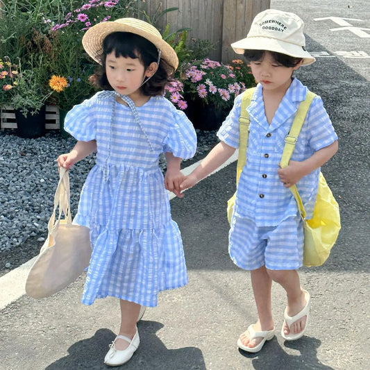 -キッズセットアップ 2点セット/ワンピース ボーイズ半袖サファリシャツ+ショートパンツ/ガールズ半袖パフスリーブワンピース チェック リンクコーデ 兄弟姉妹 お揃いコーデ【mh0004980】 - mamahalo shop - 半袖セットアップ -  べビー服 - 子供服 - 男の子 - 女の子