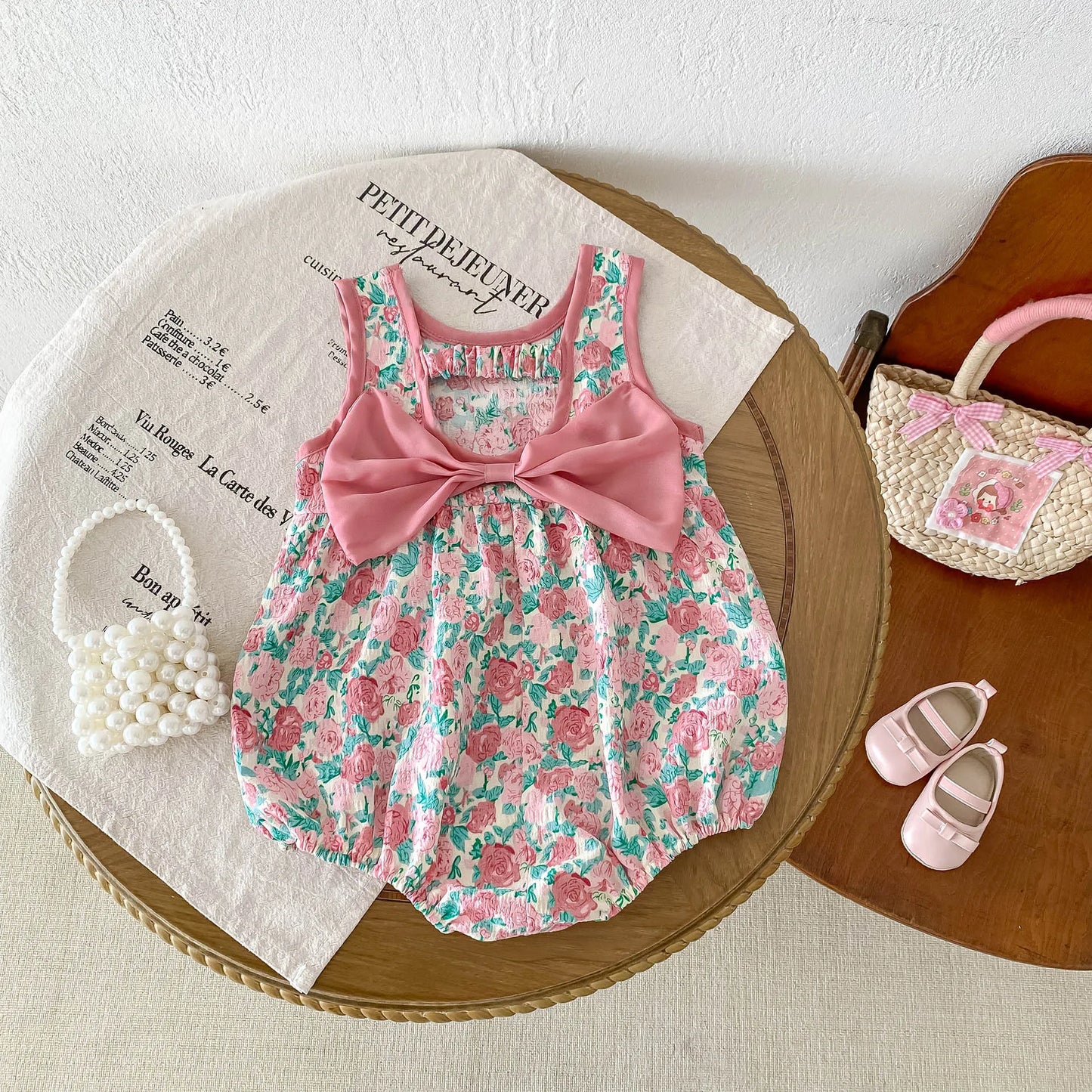 -ベビーロンパース ノースリーブボディスーツ フラワー花柄プリント リボン【mh0005096】 - mamahalo shop - ノースリーブロンパース -  べビー服 - 子供服 - 男の子 - 女の子