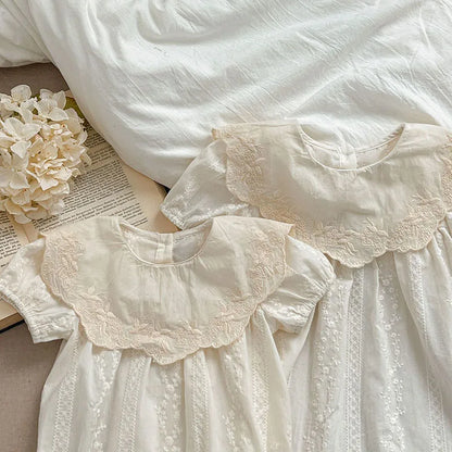 -ベビーロンパース/キッズワンピース 半袖 ビッグ襟 レースフラワー花柄刺繍 リンクコーデ 姉妹 お揃いコーデ【mh0005325】 - mamahalo shop - 半袖ロンパース -  べビー服 - 子供服 - 男の子 - 女の子