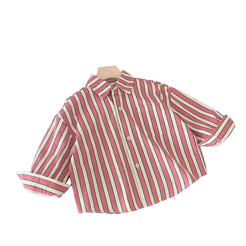 -キッズトップス 長袖シャツ ブラウス ストライプ柄 ピンク/ブルー/2カラー - mamahalo shop - 長袖シャツ・ブラウス -  べビー服 - 子供服 - 男の子 - 女の子