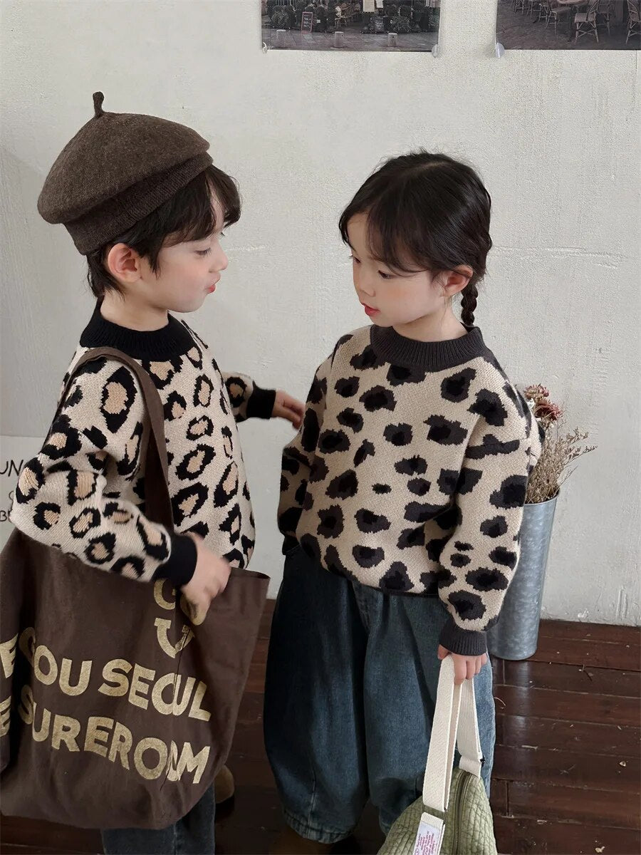 -キッズセーター レオパード柄 ヒョウ柄 ニット プルオーバートップス ブラック ベージュ 2カラー ユニセックス 男の子 女の子 子供服 - mamahalo shop - ニット・セーター -  べビー服 - 子供服 - 男の子 - 女の子