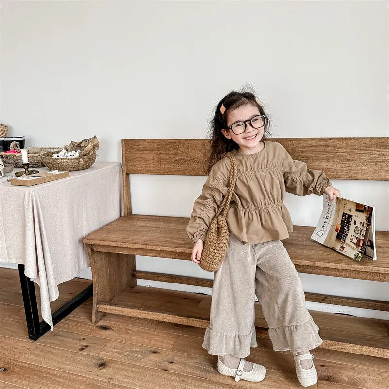 -キッズ長袖ブラウス チュニック トップス ベージュ コーヒー 2カラー ガールズ 女の子 子供服 7031 - mamahalo shop - 長袖シャツ・ブラウス -  べビー服 - 子供服 - 男の子 - 女の子