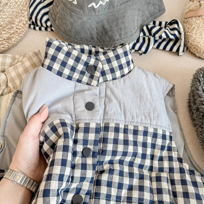 -キッズベスト アウター チェック ジャケット ブルー ネージュ 2カラー ボーイズ 男の子 子供服 - mamahalo shop - ベスト -  べビー服 - 子供服 - 男の子 - 女の子