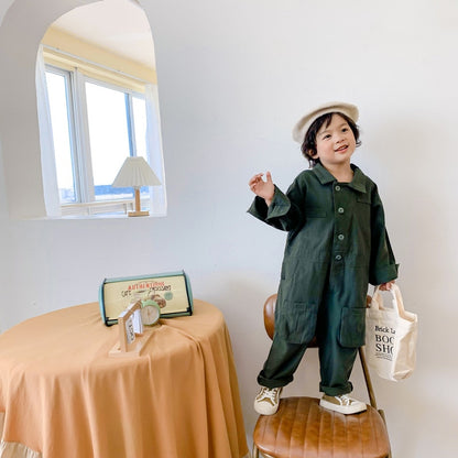 -キッズ 長袖 シャツ ジャンプスーツ オーバーオール つなぎ ブルーグレー グリーン ボーイズ - mamahalo shop - 長袖ジャンプスーツ -  べビー服 - 子供服 - 男の子 - 女の子