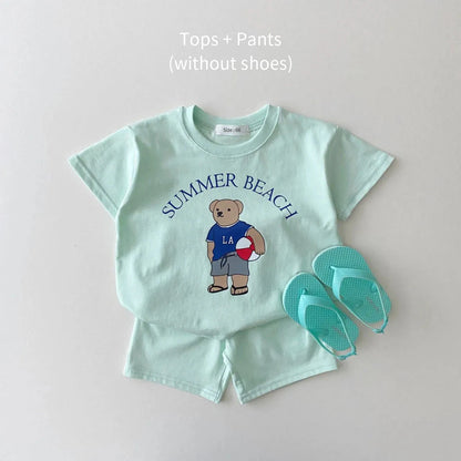 -ベビーキッズセットアップ 2点セット 半袖Tシャツ+ショートパンツ ベアくまプリント 2カラー【mh0004890】 - mamahalo shop - 半袖セットアップ -  べビー服 - 子供服 - 男の子 - 女の子