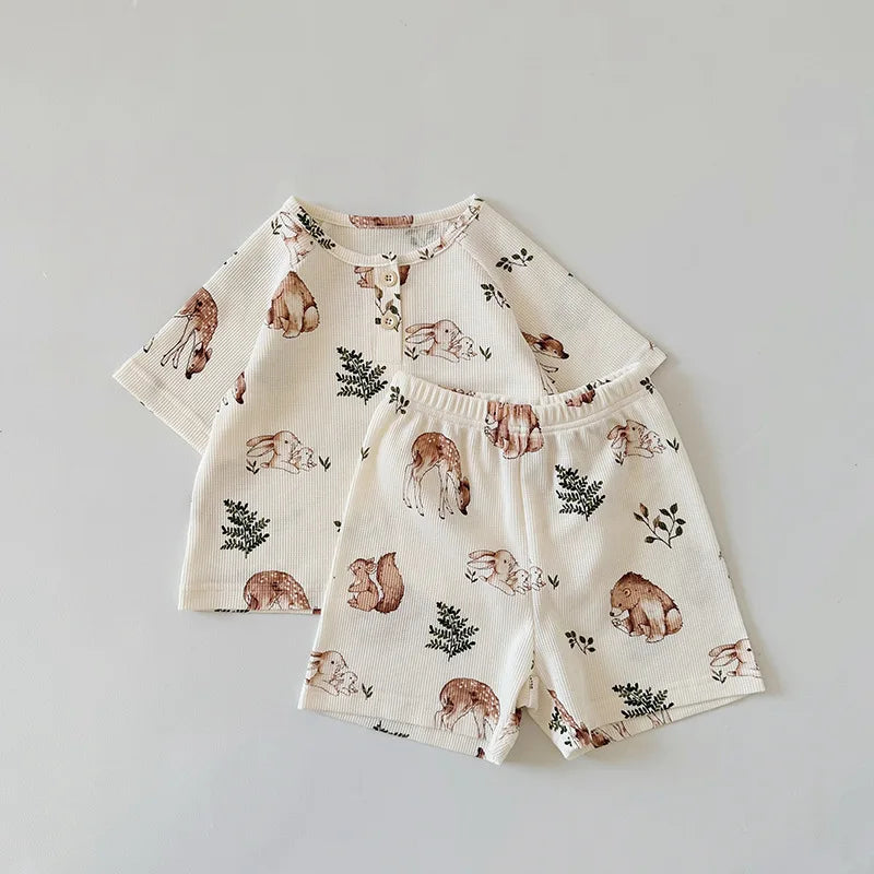 -キッズパジャマセット ワッフル 半袖Tシャツ+ハーフパンツ アニマルプリント柄【mh0004594】 - mamahalo shop - 半袖パジャマ -  べビー服 - 子供服 - 男の子 - 女の子