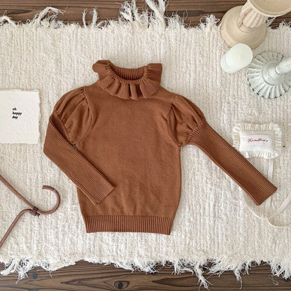 -ベビーキッズトップス ラッフル襟ニット長袖パフスリーブカットソーセーター 3カラー - mamahalo shop - ニット・セーター -  べビー服 - 子供服 - 男の子 - 女の子
