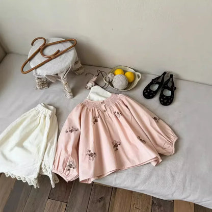 -キッズトップス フラワー刺繍長袖チュニックブラウス ピンク - mamahalo shop - 長袖シャツ・ブラウス -  べビー服 - 子供服 - 男の子 - 女の子