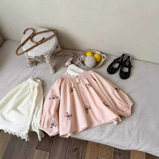 -キッズトップス フラワー刺繍長袖チュニックブラウス ピンク - mamahalo shop - 長袖シャツ・ブラウス -  べビー服 - 子供服 - 男の子 - 女の子