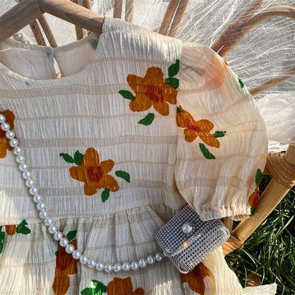 -☺︎ キッズワンピース 半袖パフスリーブワンピース フラワー花柄プリント - mamahalo shop - 半袖ワンピース -  べビー服 - 子供服 - 男の子 - 女の子