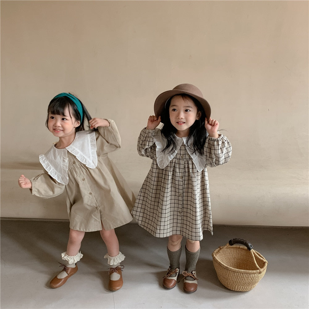 -キッズ ビッグ襟 チェック 無地 ワンピース 2スタイル【mh0002900】 - mamahalo shop - 長袖ワンピース -  べビー服 - 子供服 - 男の子 - 女の子