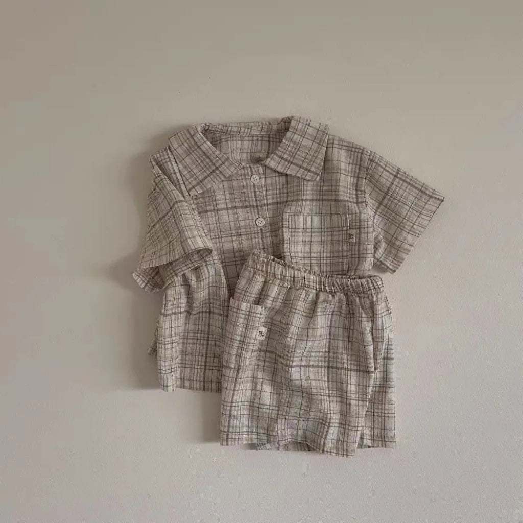 -キッズセットアップ 2点セット 半袖シャツ+ショートパンツ レトロ 無地/チェック 2カラー【mh0005461】 - mamahalo shop - 半袖セットアップ -  べビー服 - 子供服 - 男の子 - 女の子