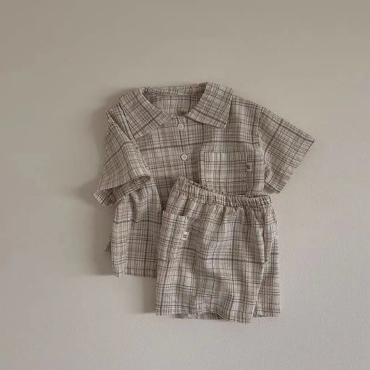 -キッズセットアップ 2点セット 半袖シャツ+ショートパンツ レトロ 無地/チェック 2カラー【mh0005461】 - mamahalo shop - 半袖セットアップ -  べビー服 - 子供服 - 男の子 - 女の子