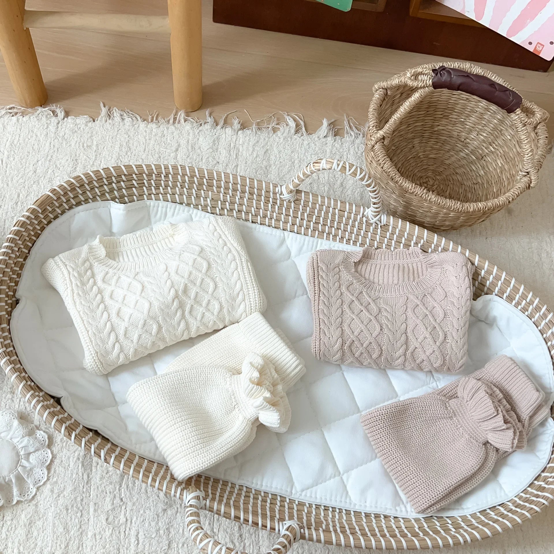 -ベビーキッズトップス/パンツ アラン編みケーブルニットセーター/裾フリルニットロングパンツ 2カラー - mamahalo shop - 長袖セットアップ -  べビー服 - 子供服 - 男の子 - 女の子