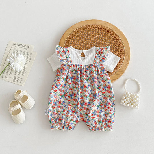 -ベビーロンパース ドッキング半袖ジャンプスーツ フラワー花柄プリント【mh0005372】 - mamahalo shop - 半袖ロンパース -  べビー服 - 子供服 - 男の子 - 女の子