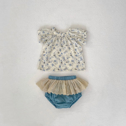 -ベビーセットアップ 2点セット 半袖フラワープリントブラウス+レースフリルデニムブルマパンツ - mamahalo shop - 半袖セットアップ -  べビー服 - 子供服 - 男の子 - 女の子