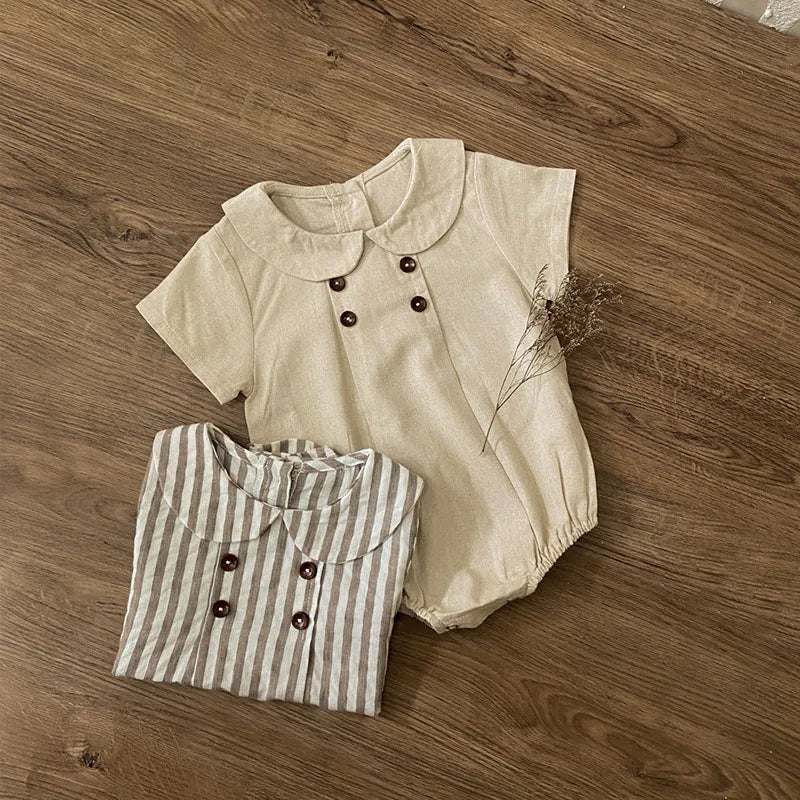 -ベビーロンパース 半袖丸襟ボディスーツ 無地/ストライプ 2カラー【mh0006052】 - mamahalo shop - 半袖ロンパース -  べビー服 - 子供服 - 男の子 - 女の子