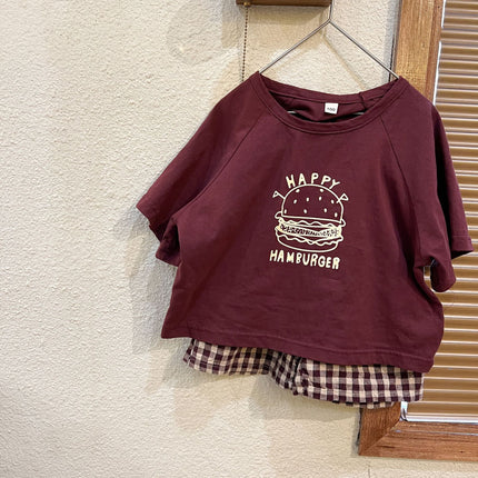 キッズ セットアップ ハンバーガー プリント 半袖 Tシャツ チェック ショートパンツ 2カラー ユニセックス - mamahalo shop - 半袖セットアップ - ベビー服 - 子供服 - 男の子 - 女の子