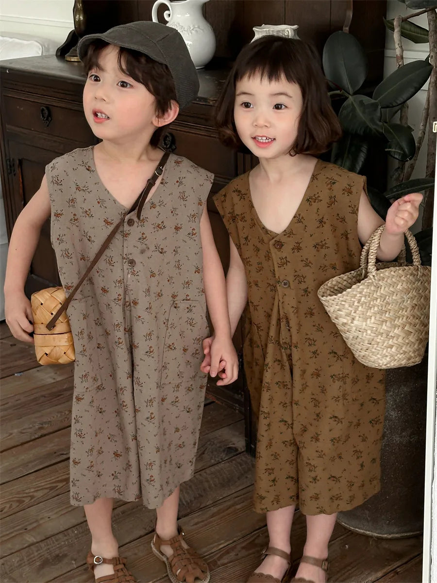 -キッズジャンプスーツ ノースリーブルーズショートつなぎ フラワー花柄プリント 2カラー【mh0006012】 - mamahalo shop - ノースリーブジャンプスーツ -  べビー服 - 子供服 - 男の子 - 女の子