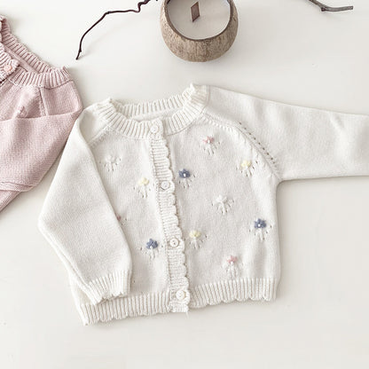 -ベビー キッズ ニットカーディガン ジャケット フラワー 花柄 刺繍 アイボリー ピンク 2カラー ガールズ 女の子 子供服 - mamahalo shop - カーディガン・パーカー -  べビー服 - 子供服 - 男の子 - 女の子