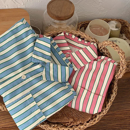 -キッズトップス 長袖シャツ ブラウス ストライプ柄 ピンク/ブルー/2カラー - mamahalo shop - 長袖シャツ・ブラウス -  べビー服 - 子供服 - 男の子 - 女の子