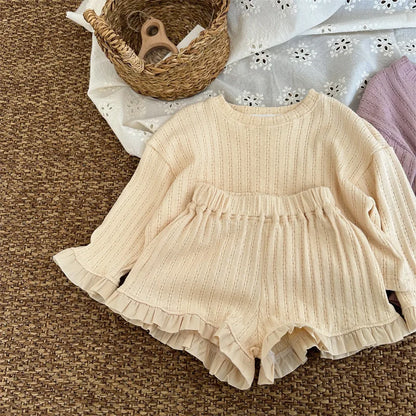 -キッズセットアップ 2点セット 長袖Tシャツ+フリルショートパンツ ベージュ/パープル/2カラー - mamahalo shop - 長袖セットアップ -  べビー服 - 子供服 - 男の子 - 女の子